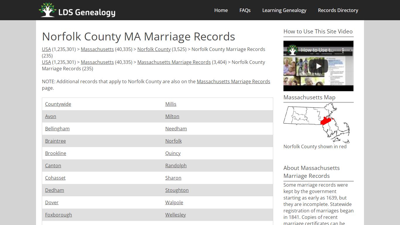 Norfolk County MA Marriage Records - LDS Genealogy